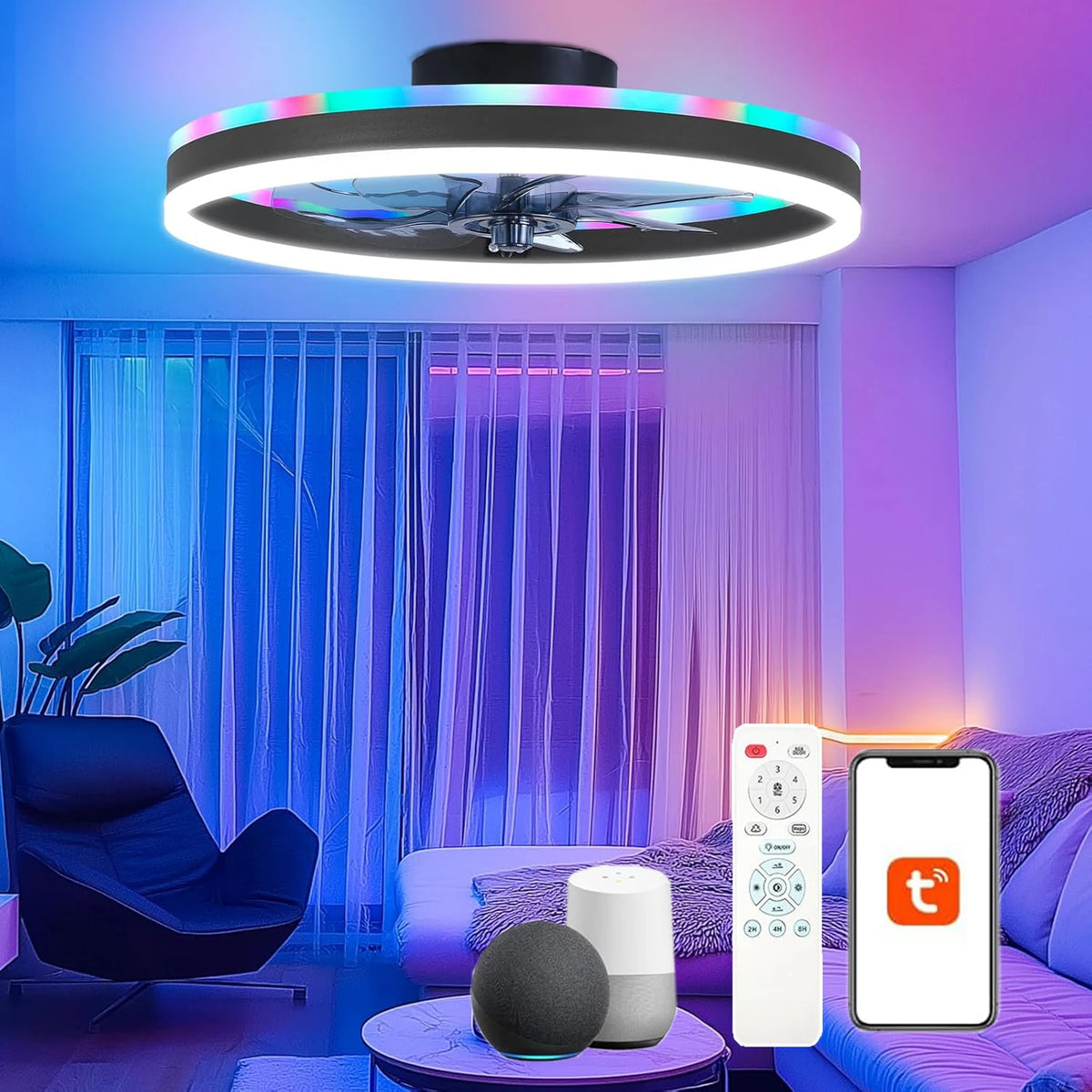 ventilateur intelligent led rvb vitesses ciel étoilé moderne télécommande app mobile