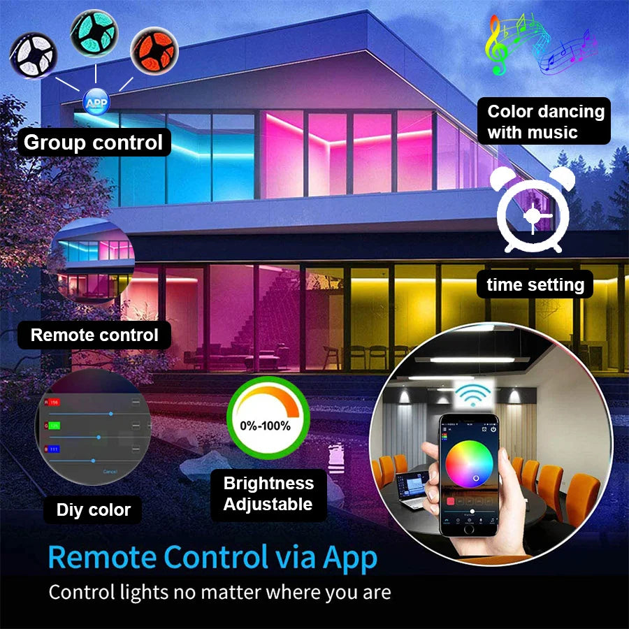 ruban led multicolore rgb wifi 12v 5m 15m 20m moderne télécommande application