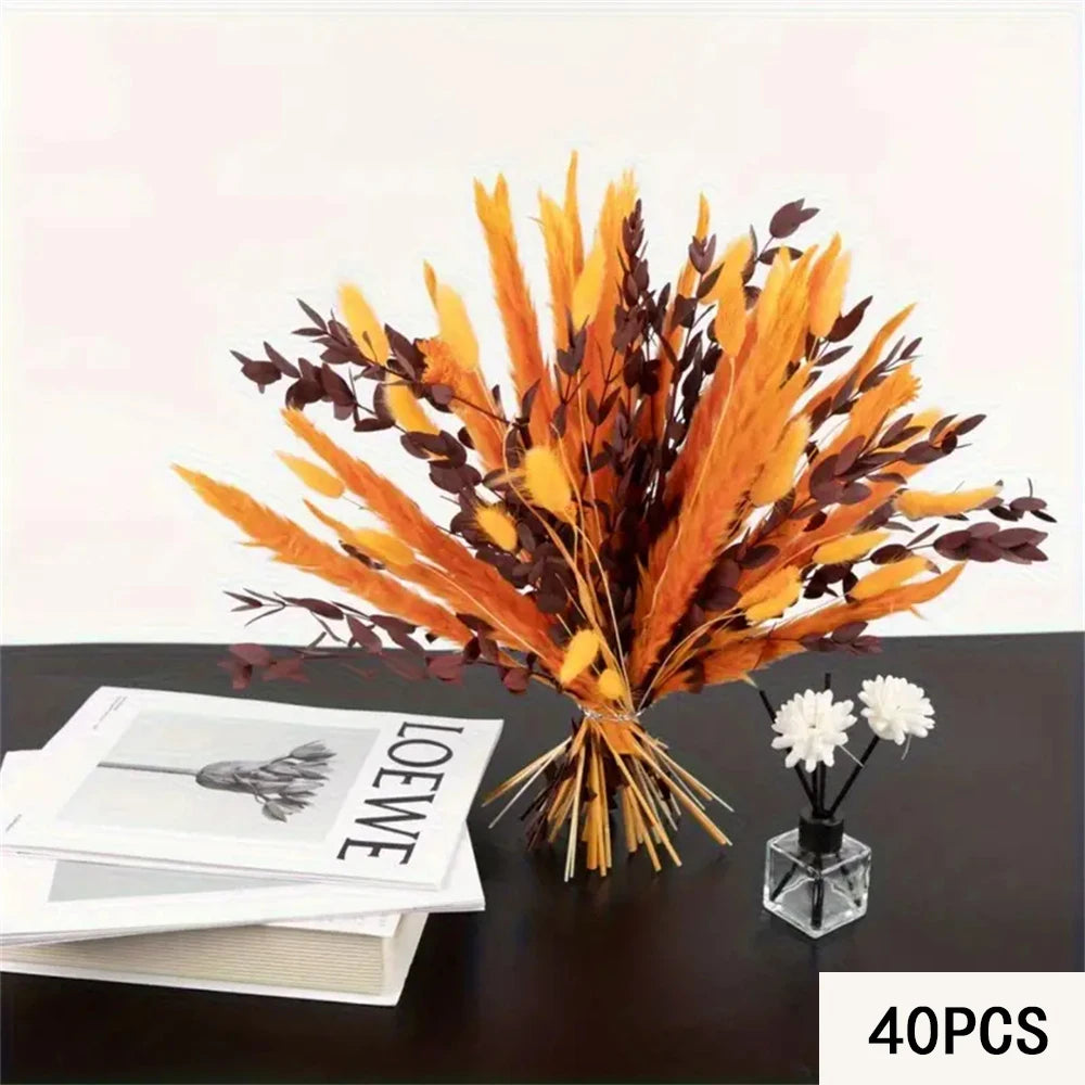bouquet artificiel plumes orange feuilles marron boho décoration maison anniversaire mariage