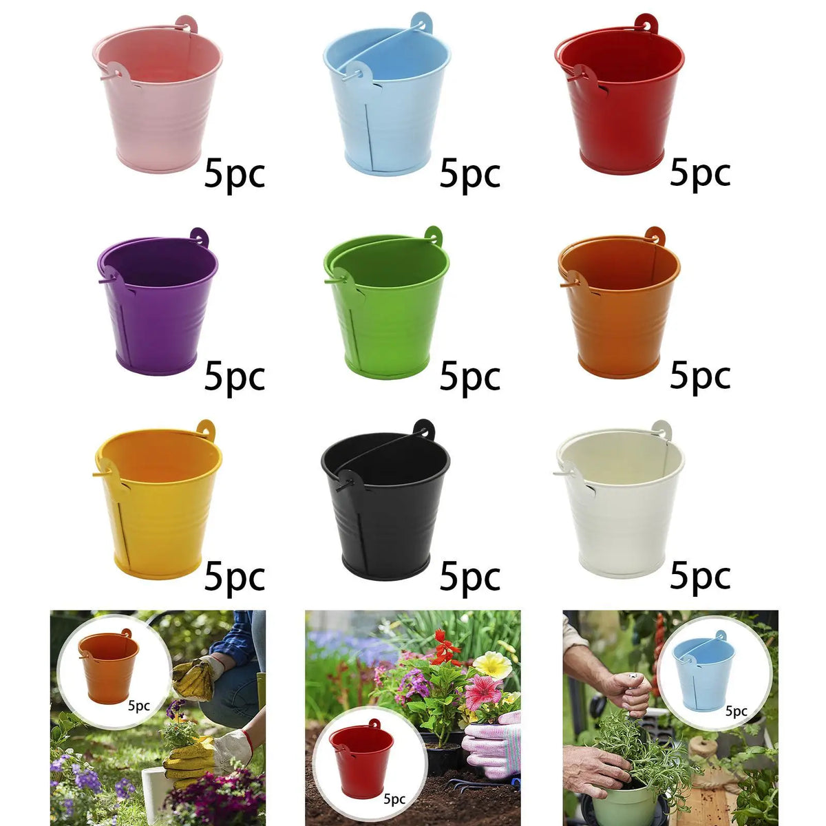 petits seaux métal galvanisé blanc rose bleu rouge violet vert orange jaune anneaux métalliques