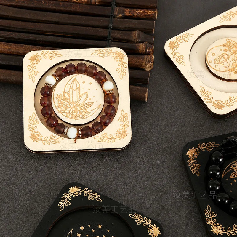 présentoir bois décoratif bohème étoiles lune bracelets marron doré spiritualité