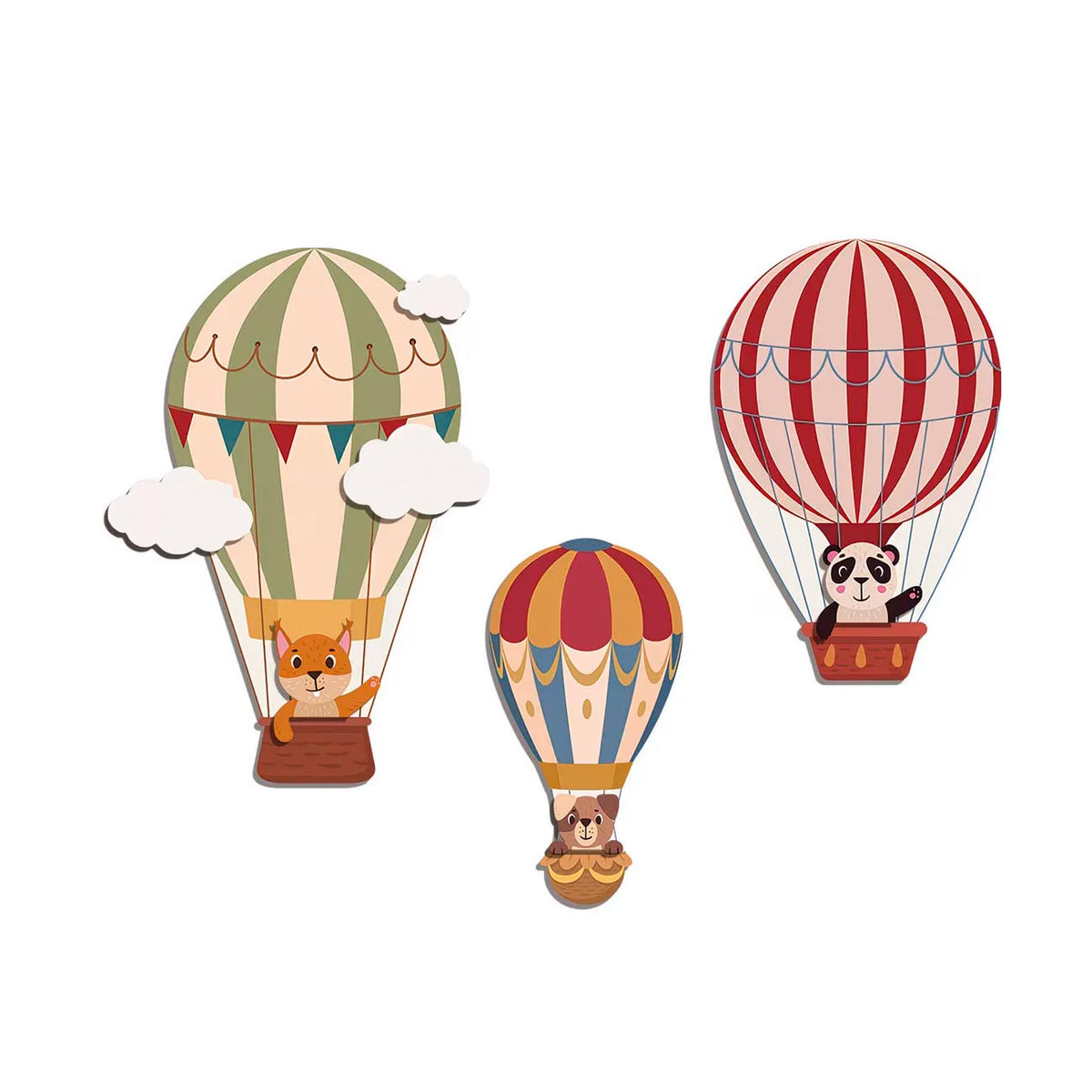décorations murales bois ballons air chaud rayures nuages animaux mignons vert beige rouge blanc