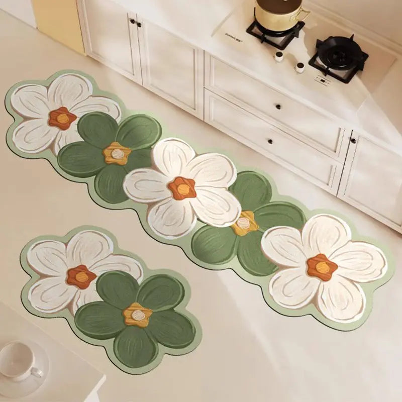 tapis sol acrylique antibactérien moderne fleurs stylisées vert blanc orange