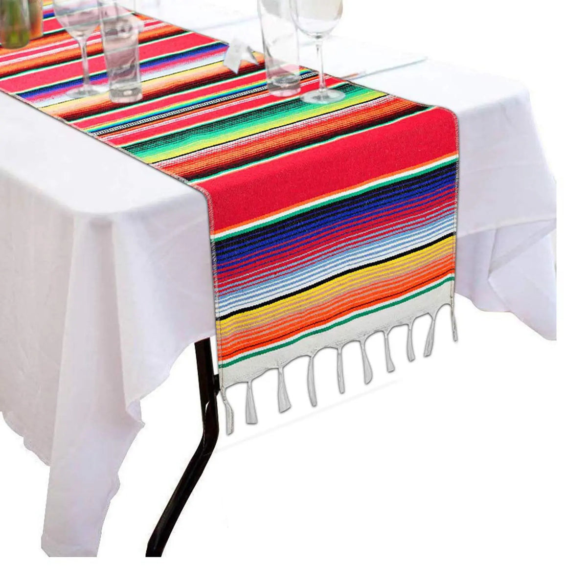 table runner mexicain festif multicolore franges decoration noel mariage rouge rose vert bleu jaune