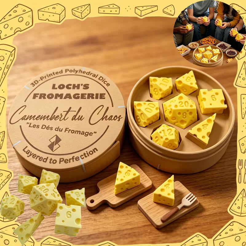 jeux dés forme fromage emmental d4 d6 d8 d10 d12 d20 box ludique original