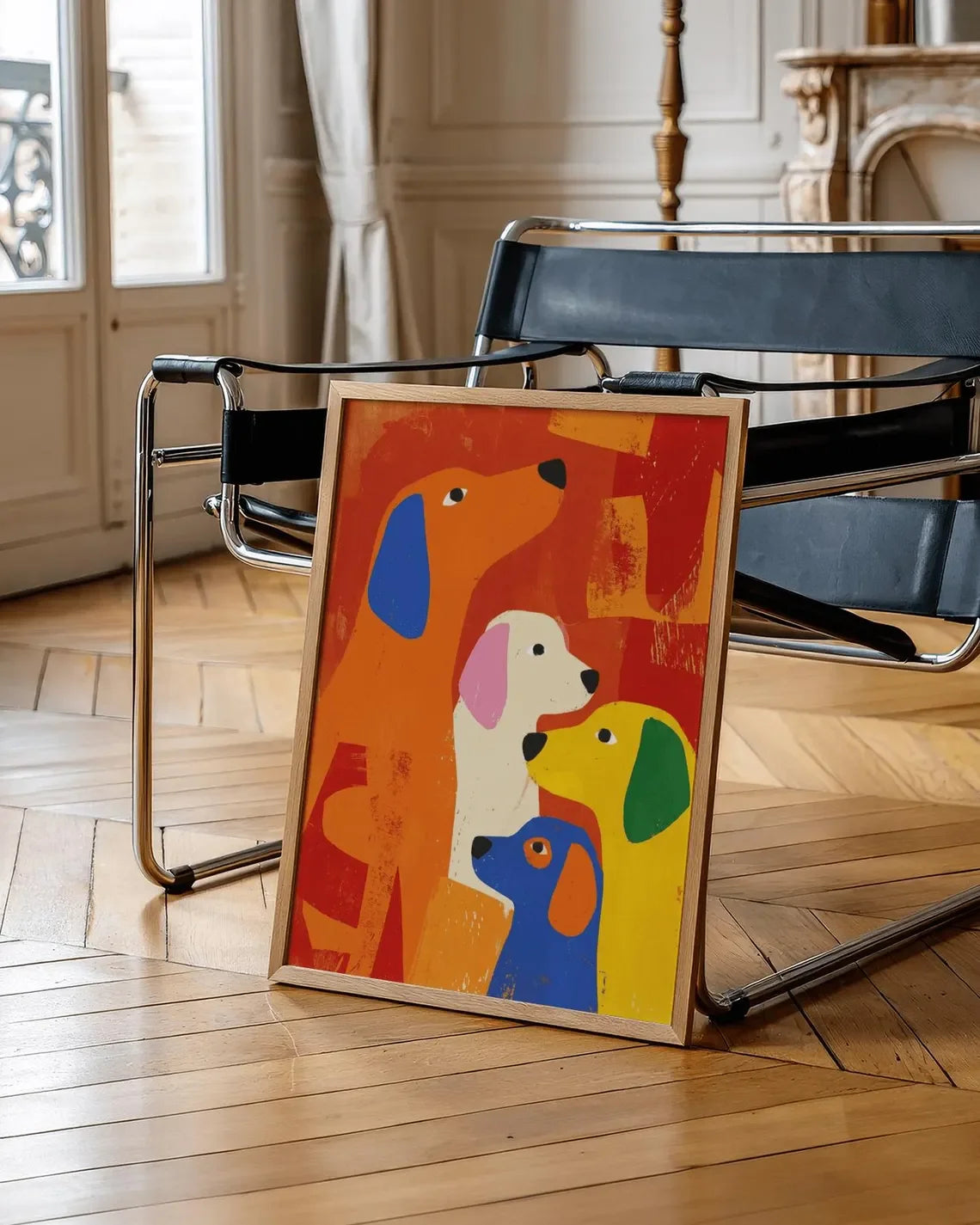 affiche abstraite chiens moderne orange jaune bleu verte chambre enfant pop art vibrant