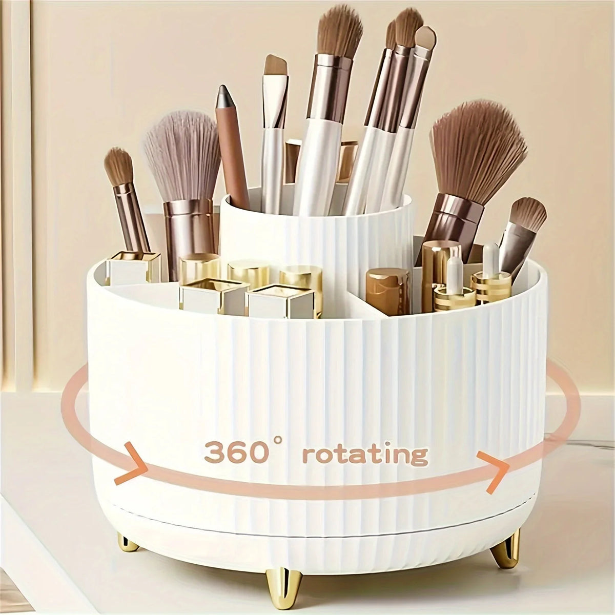 organisateur maquillage rose brosse pinceau moderne élégant rayures verticales pieds dorés cosmétique multifonctionnel plastique