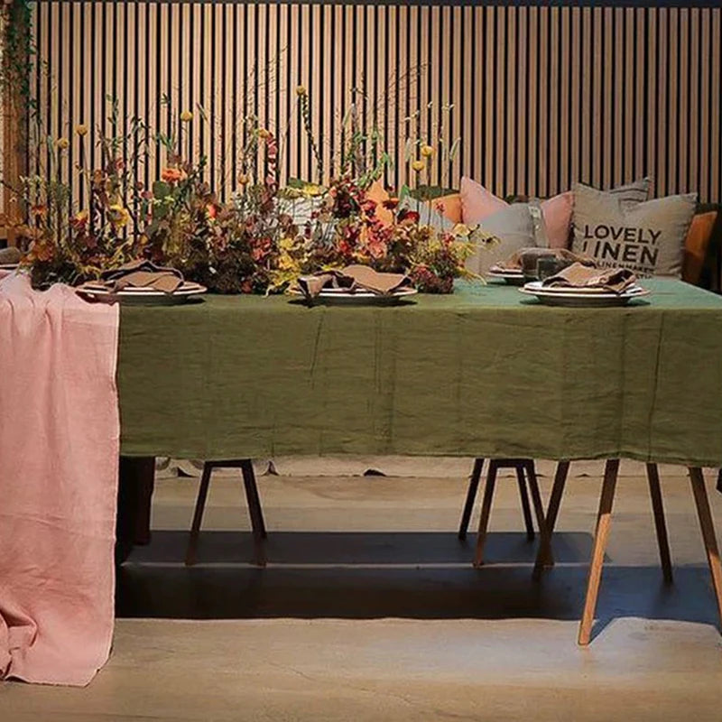 Nappe table vert olive texture lin classique imperméable polyester 140x180cm festives serviettes assiettes