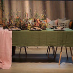 Nappe table vert olive texture lin classique imperméable polyester 140x180cm festives serviettes assiettes