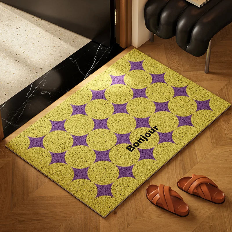 tapis moderne antidérapant géométrique jaune violet sol extérieur légèrement rugueux adhésif