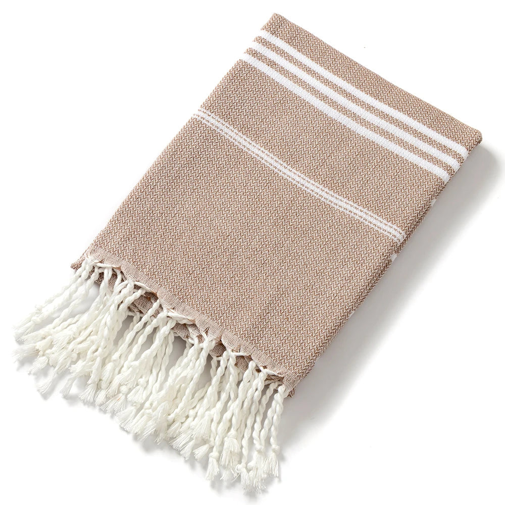 serviette plage coton rayée bleu clair rose franges rapide absorption moderne rustic