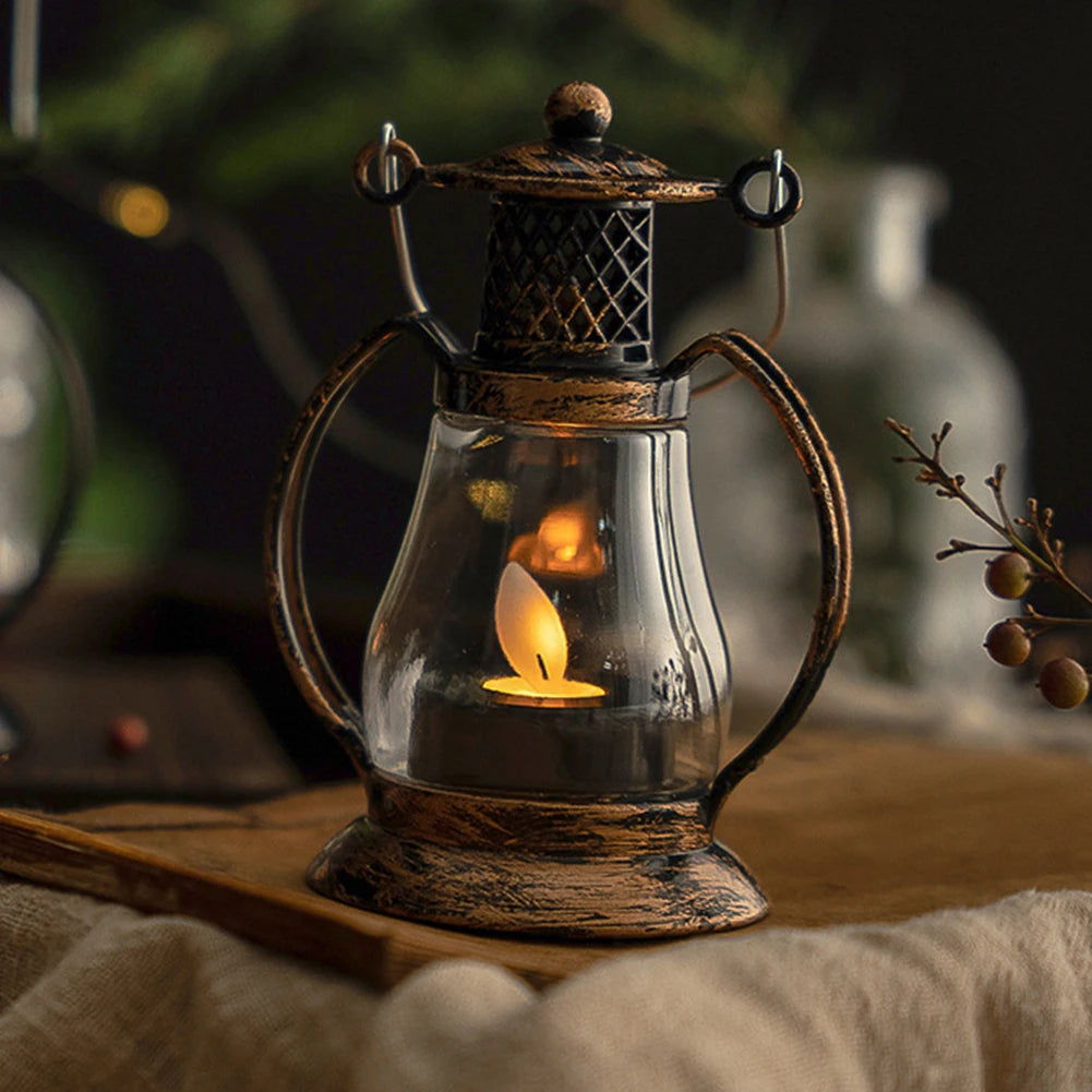 lanterne portable vintage noir doré bougie led verre transparent anneaux métalliques intérieur jardin nocturne