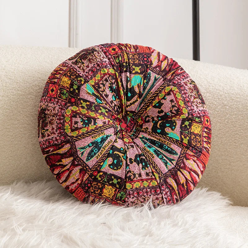 coussin siège rond bohème motifs floraux géométriques velours cotonnable intérieur extérieur