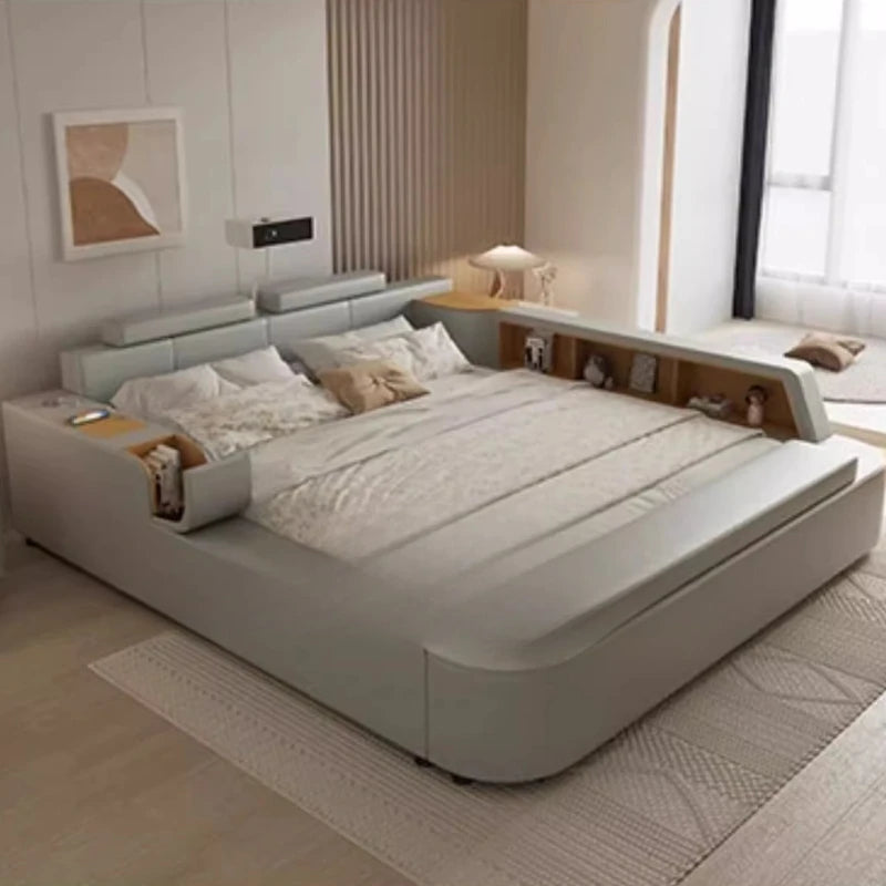 lit moderne tête lit rangements matelas draps blancs oreillers coussins table chevet chambre