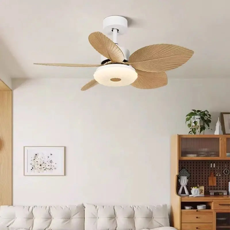 ventilateur led moderne feuilles palmier blanc beige opacité télécommande certification vde ul cqc