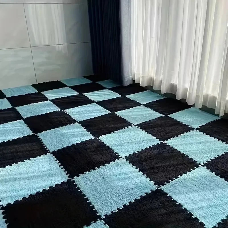 tapis modulable carreaux géométriques gris blanc doux moelleux moderne clips 30cm 30cm