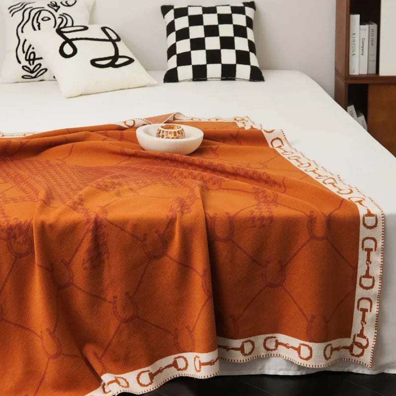 couverture tricotée acrylique moderne beige marron orange américain motif chaines carres portable printemps automne