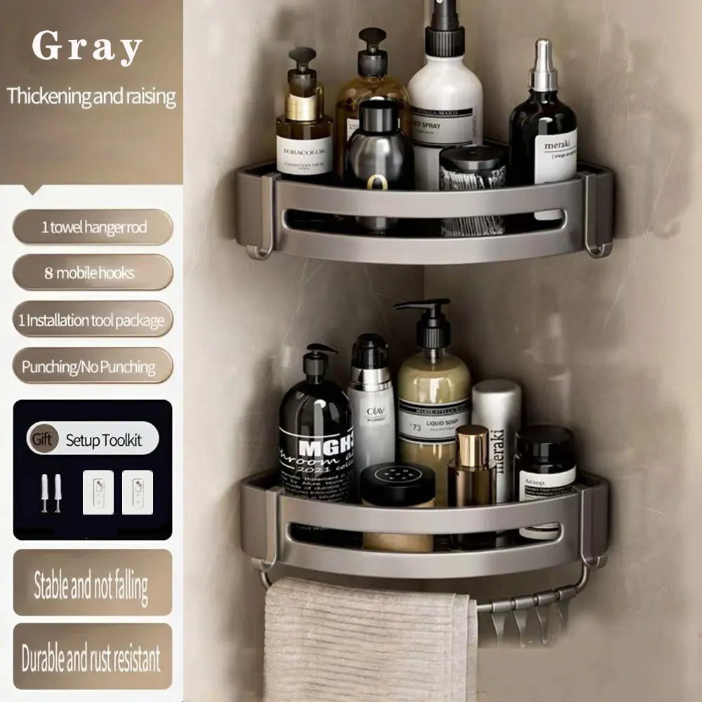 étagère murale triangulaire salle bain gris métal crochets rangement douche moderne autocollante