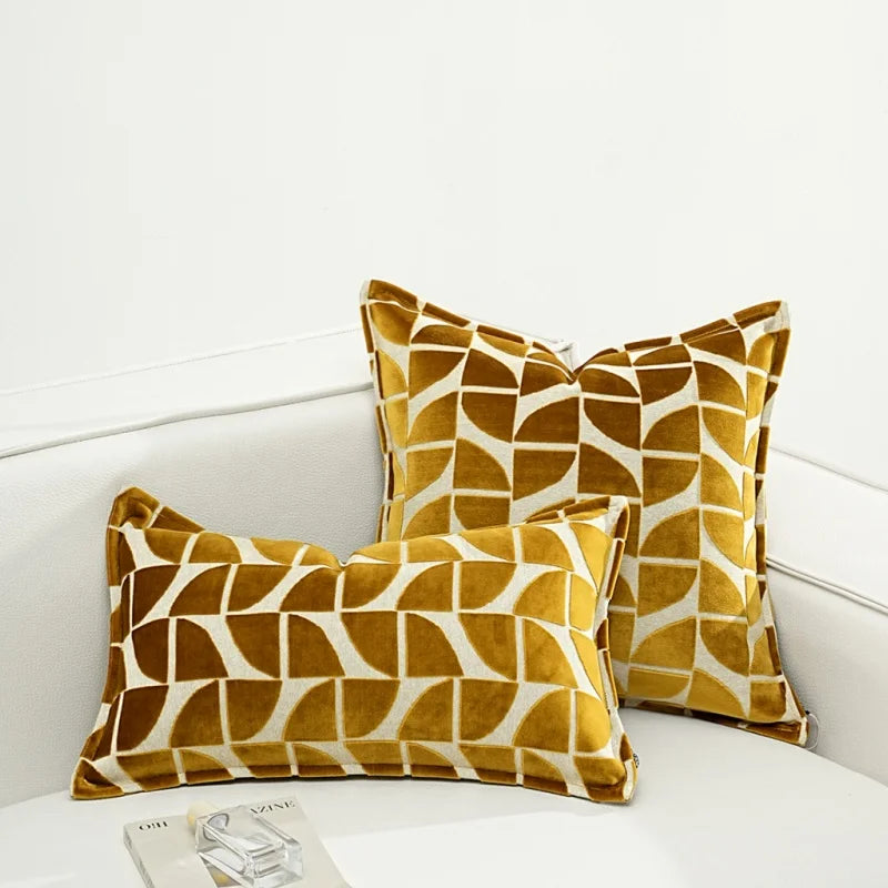 housse coussin jacquard géométrique or blanc moderne décoration canapé chaise maison carré polyester