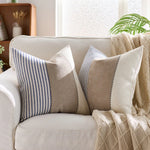 housse coussin décorative rustique rayures horizontales beige bleu marine rose clair polyester