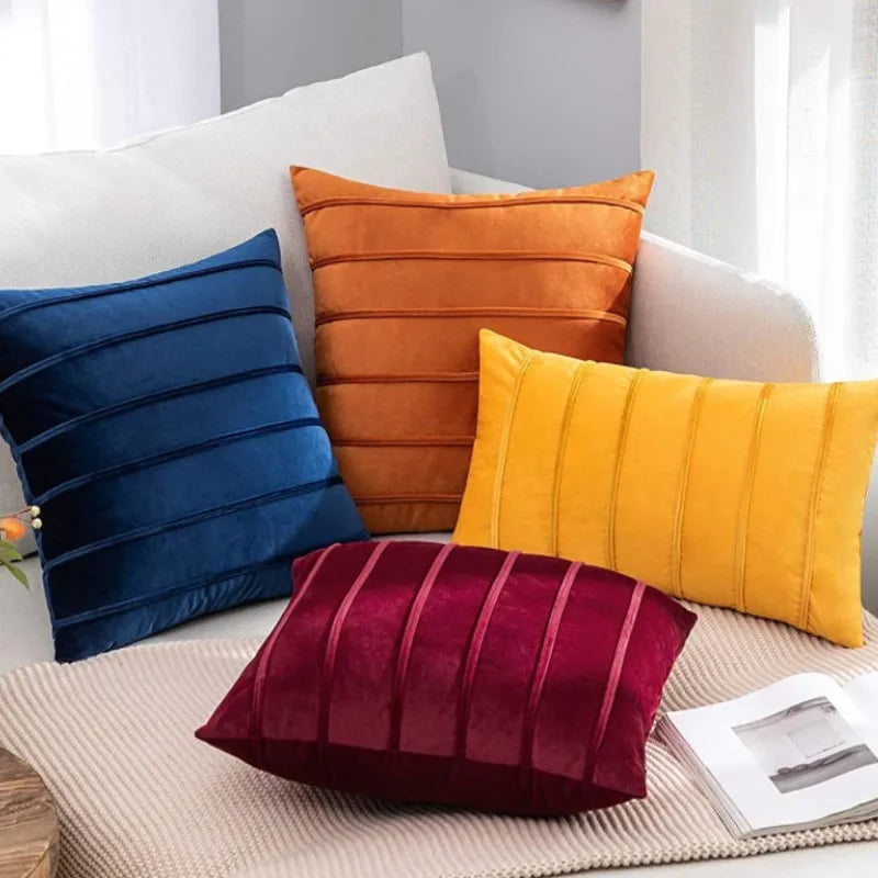coussin décoratif salon rayures horizontales velours orange bleu marine bordeaux moderne garnissage
