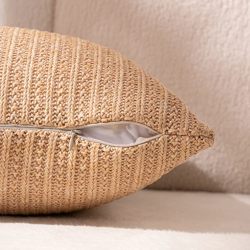 housse coussin tissée jute motif quadrillé vert rustique décor feuilles