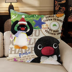 housse coussin carré beige motif pingouin cartoon décoratif salon chambre enfant tissu coton