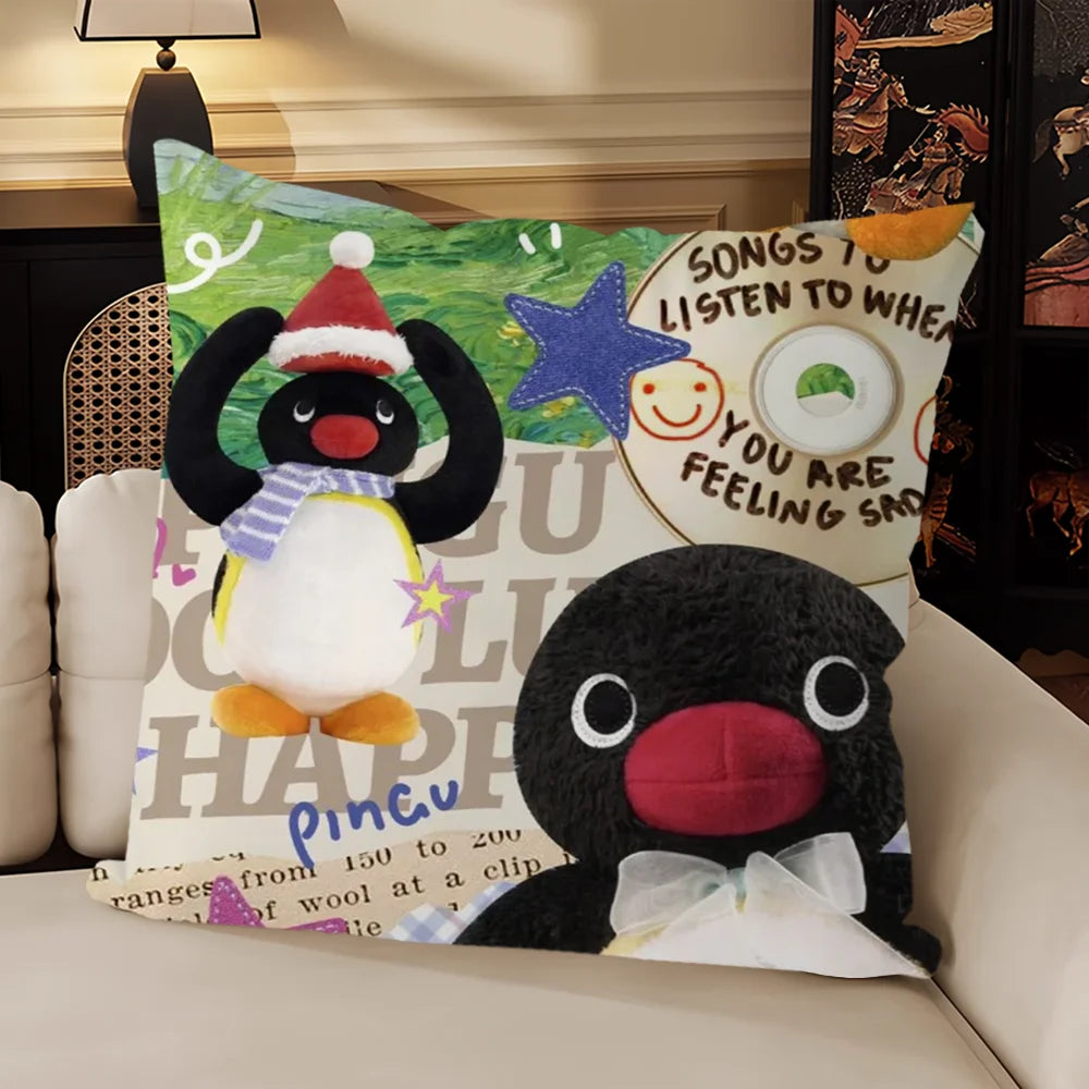 housse coussin carré beige motif pingouin cartoon décoratif salon chambre enfant tissu coton