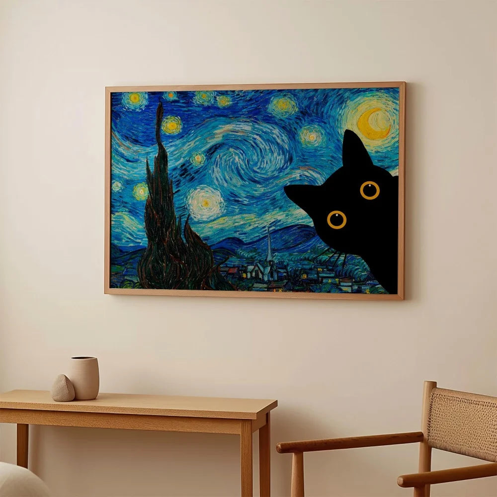 tableau moderne nuit étoilée van gogh chat noir toile sans cadre décoration murale pop