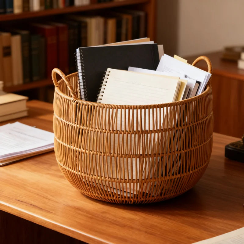 panier rond tressé marron clair bohème rangement chambre salon articles divers respectueux environnement