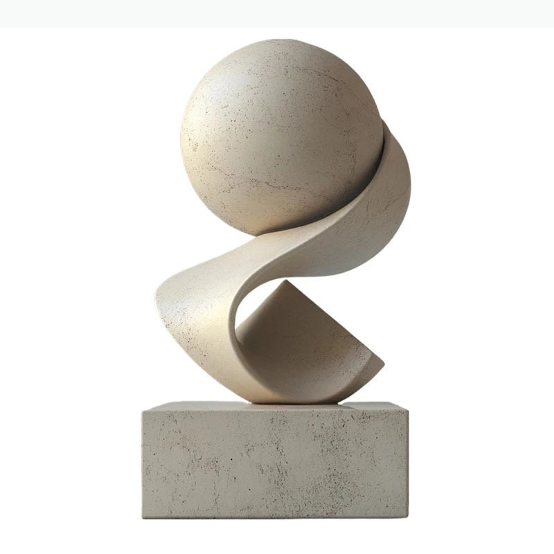 sculpture abstraite moderne minimaliste blanc doré beige gris foncé socle pierre marbre