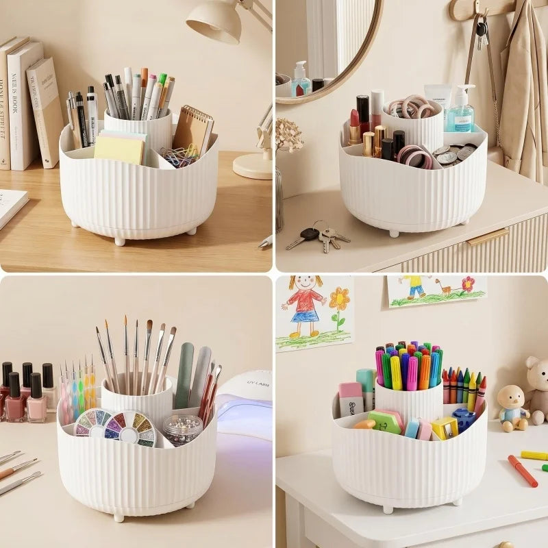 boîte rangement rotative blanc rayures verticales moderne pieds non slip compartiments pinceaux maquillage produits