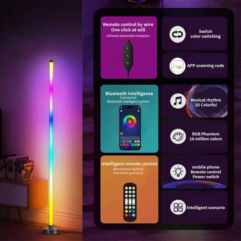 lampe sol led noir multicolore synchronisation musique télécommande application controle moderne minimaliste