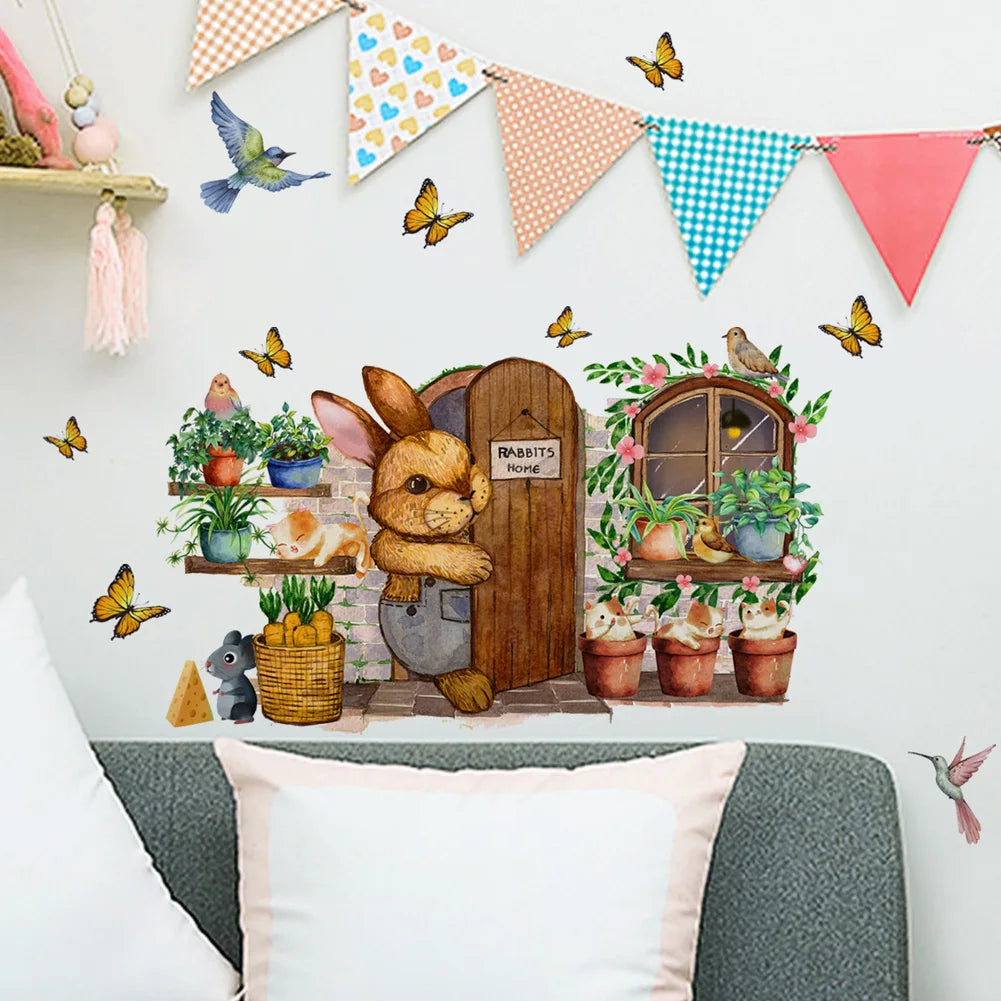 autocollant mural jardin lapin cartoon papier peint auto adhésif animaux maison opaque moderne