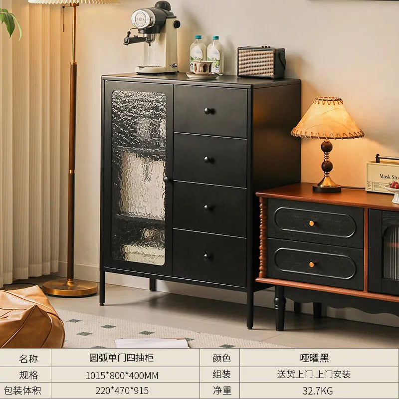 armoire tiroirs blanc moderne verre translucide poignées blanches pieds noirs