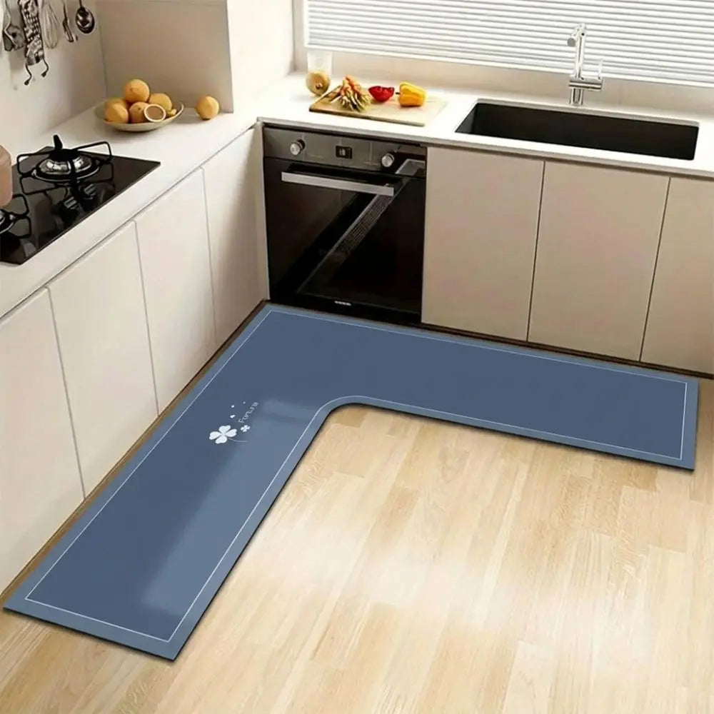 tapis cuisine bleu marine motif floral moderne gris clair absorbant lavable polyester vinyle