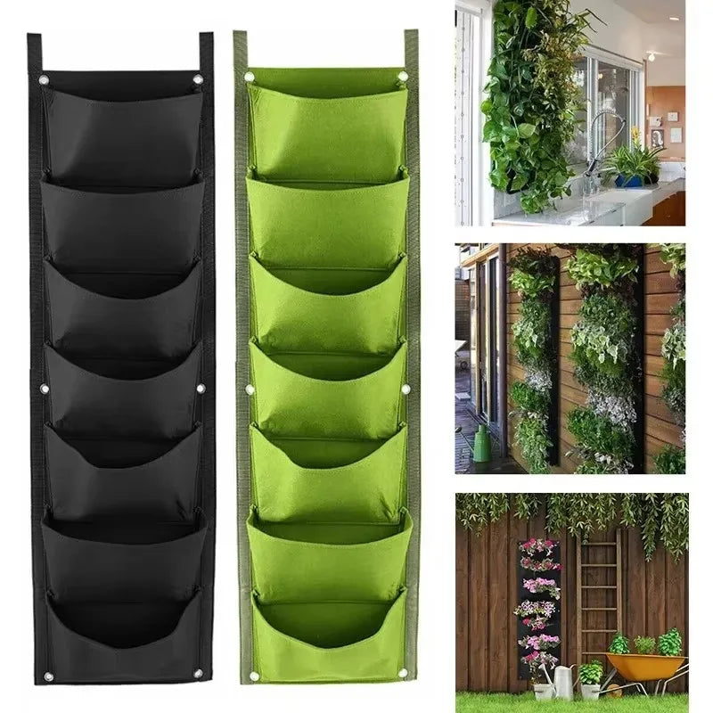 jardinière murale suspendue poches tissu noir vert rustique plante fleur herbe aromatique(vertical)