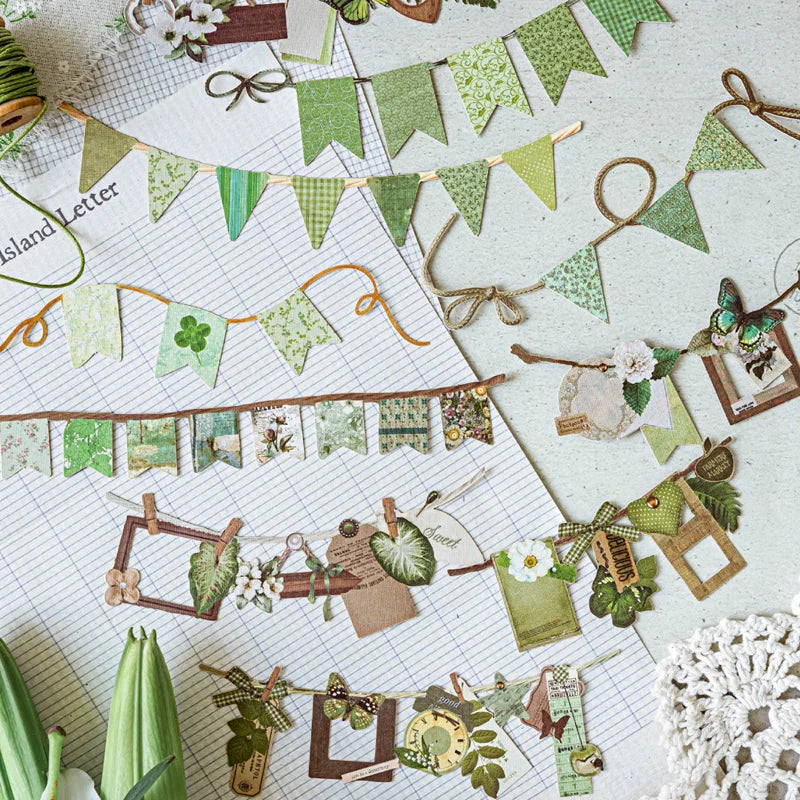 guirlande fanions imprimés floraux géométriques pois clips vert beige rose bleu vintage