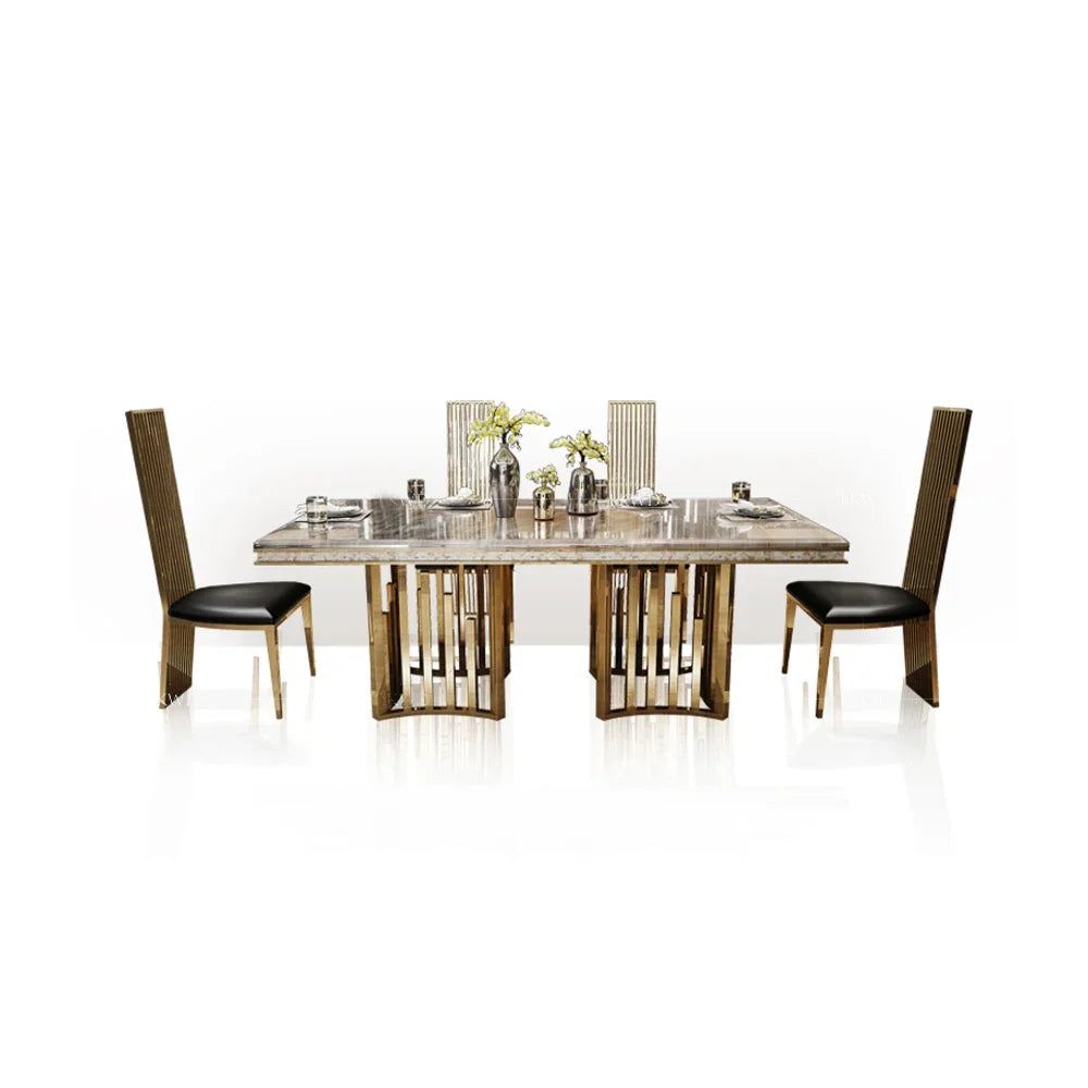 ensemble salle manger moderne chaises hautes table marbre veiné cadre métal doré minimaliste