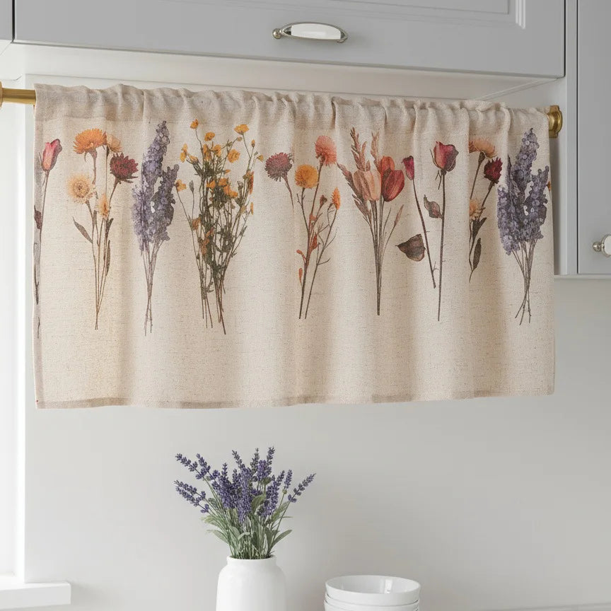 rideau cuisine fleurs beige marron vert orange violet opacité rustique 100x60cm 150x60cm