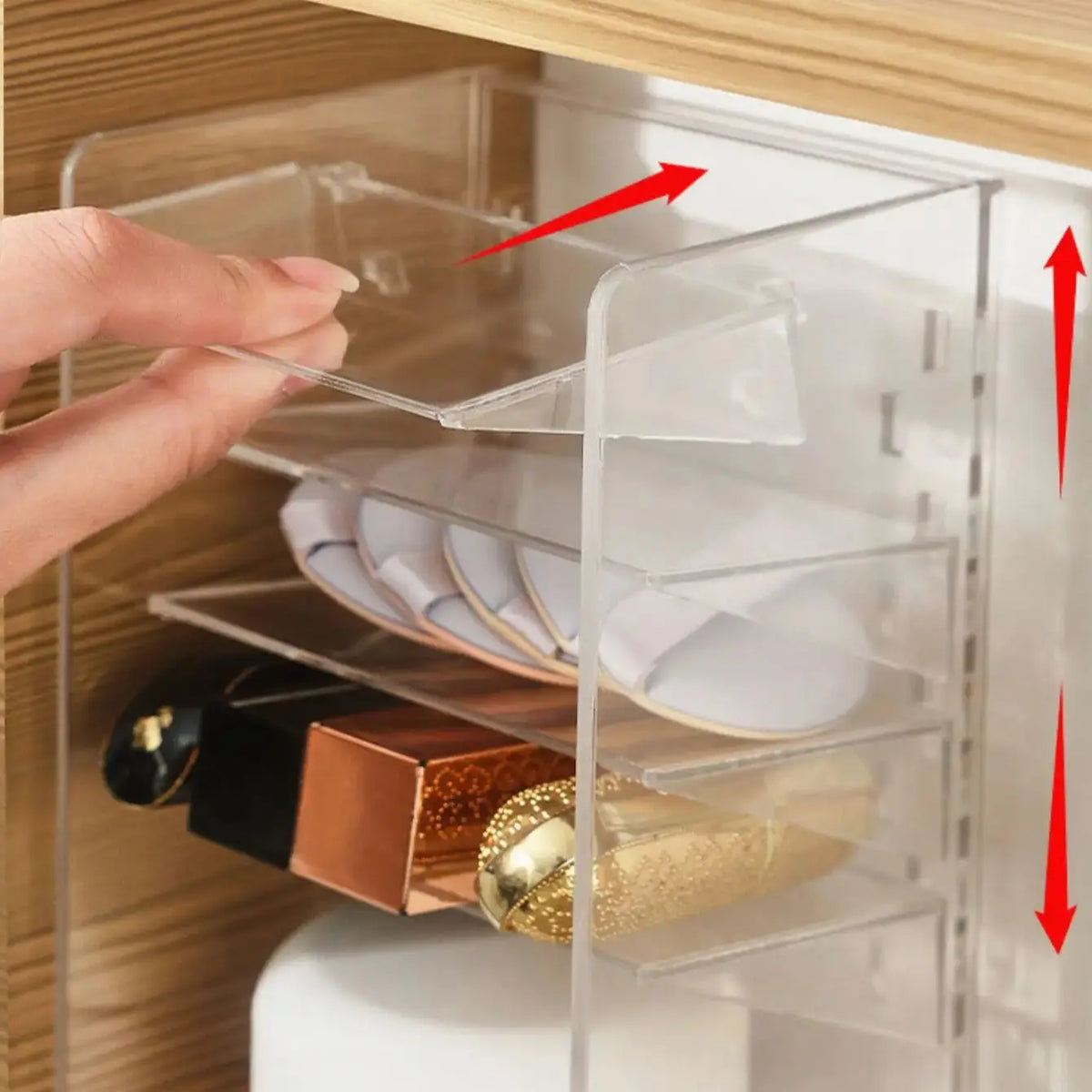 boîtes rangement transparentes modernes pinceaux maquillage produits cosmétiques minimalistes empilables clips visibilité optimale