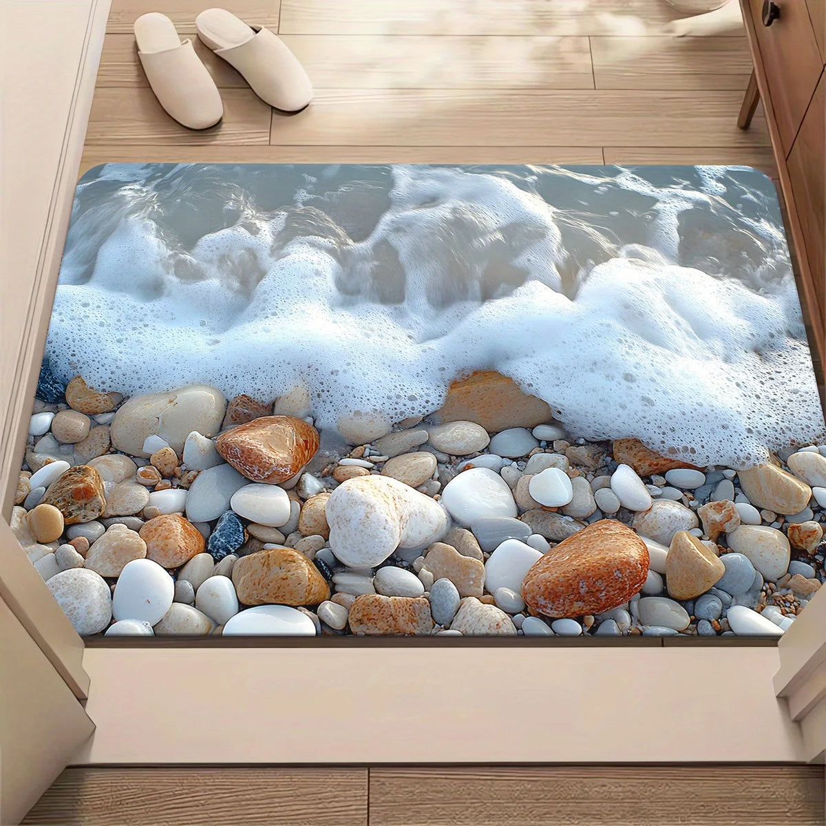tapis sol moderne plage galets vague bleu clair blanc gris beige