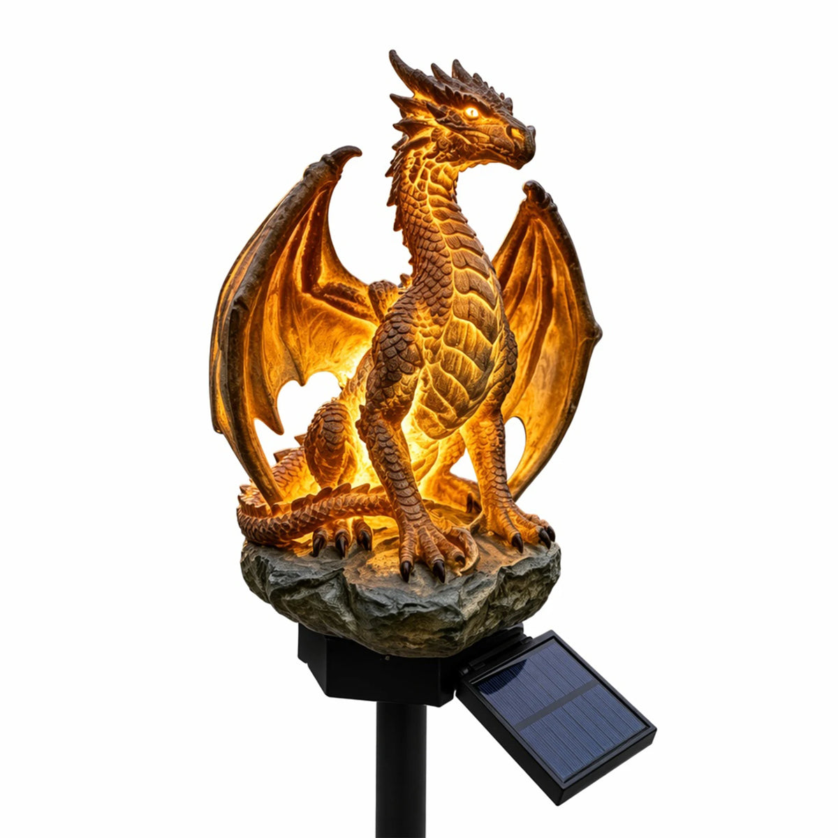 statue dragon solaire extérieur or noir jaune marron écailles ailes lumière led base roche