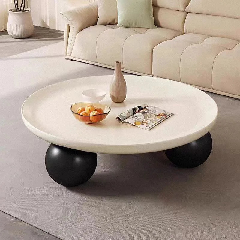table basse ronde moderne pieds sphériques diamètre 75cm noir blanc cassé tulipes roses fleurs