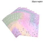 vaisselle jetable fête anniversaire moderne multicolore pailletée assiettes tasses serviettes pailles bannière happy birthday