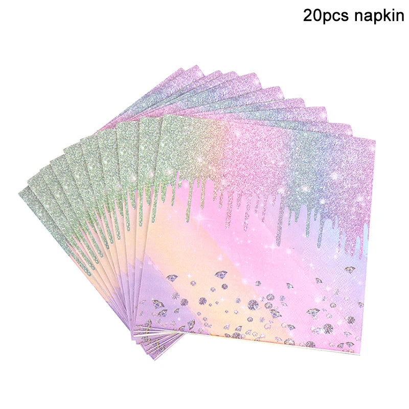 vaisselle jetable fête anniversaire moderne multicolore pailletée assiettes tasses serviettes pailles bannière happy birthday