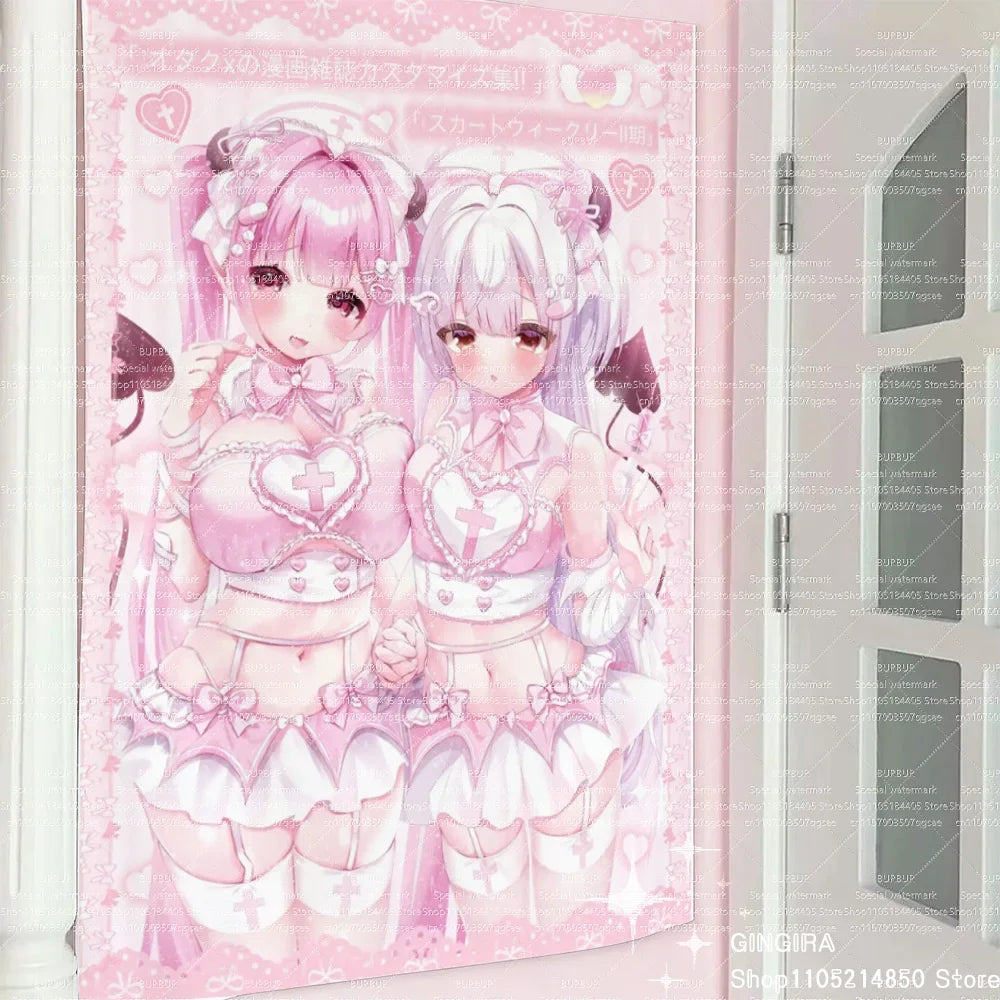 rideau rose imprimé personnages coeurs motifs floraux anime chambre salon decoration murale polyester machine