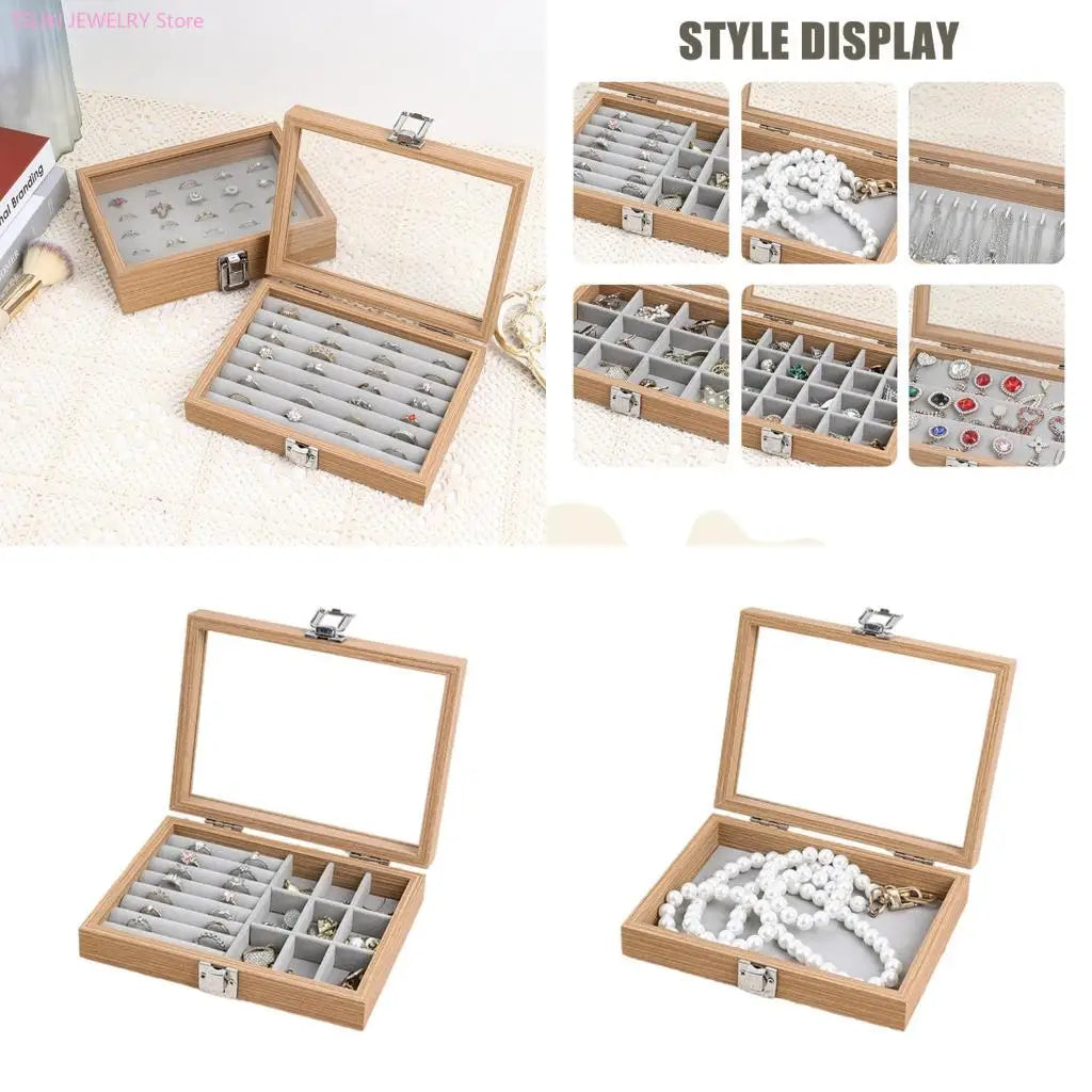 boîte bijoux bois naturel moderne cadenas 20cm 15cm 15cm rangement bagues boucles d'oreilles gris