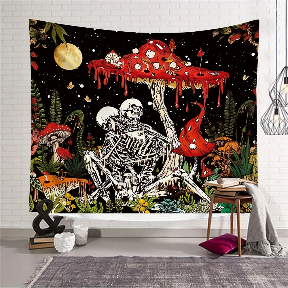 tapisserie murale gothique fantaisie squelette champignons feuilles papillons noir blanc rouge verte jaune or