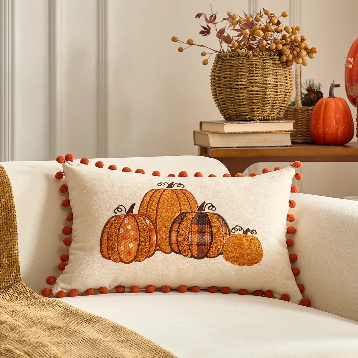 housse coussin brodée citrouille motif automne rustique tassel adhésif décoration maison nordique polyester coton